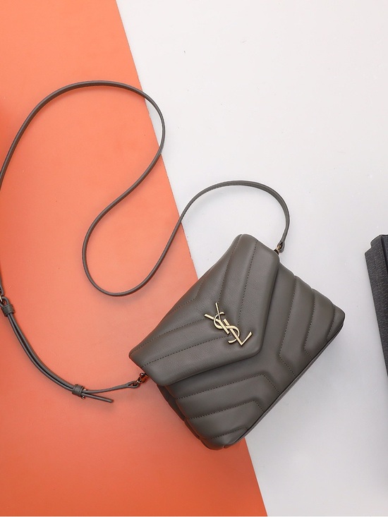 Saint Laurent Handbags - Saint Laurent Quilted Chevron Crossbody Bag in Olive Gray with Gold Hardware